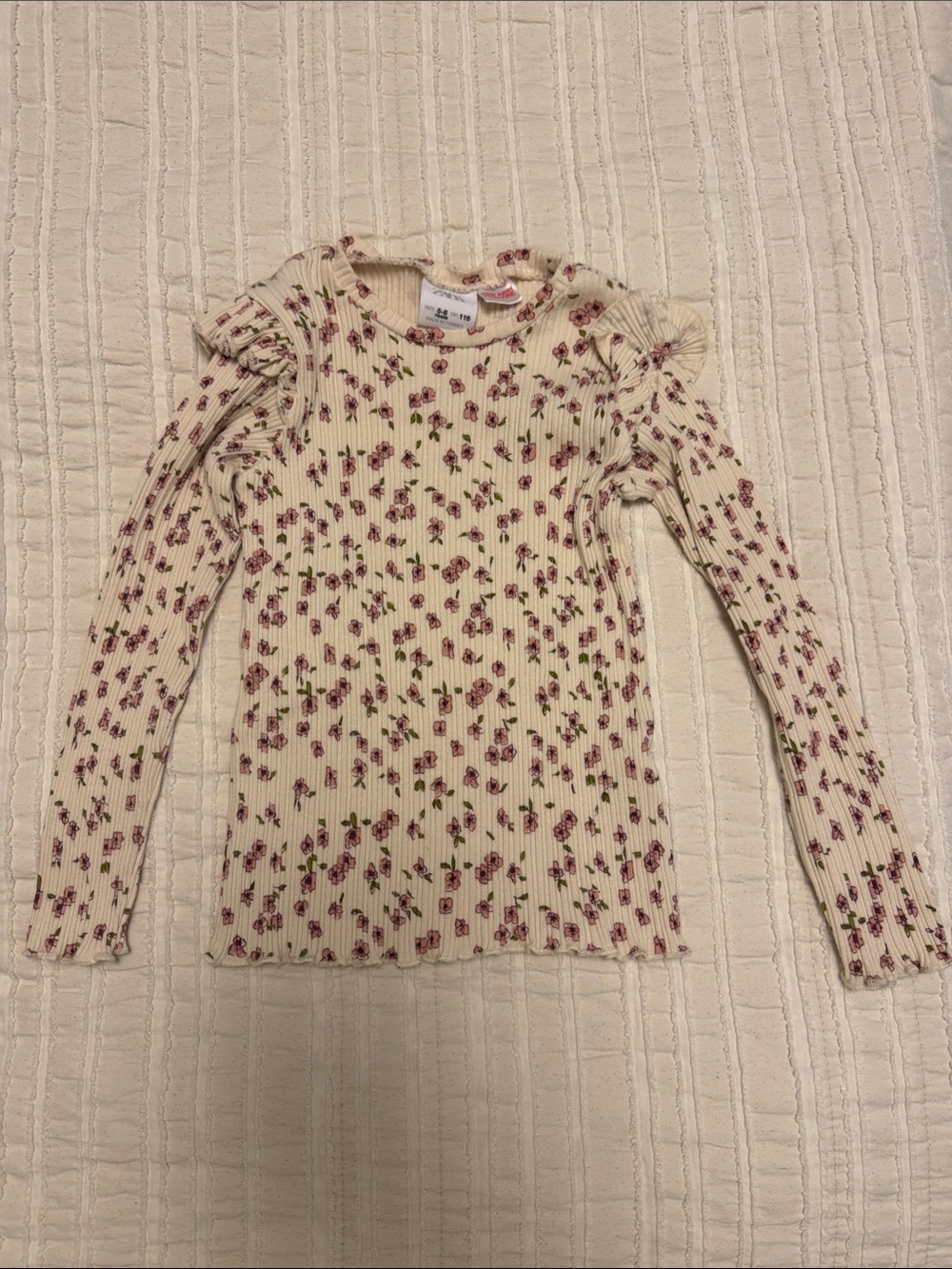 NWOT Zara Cream Ribbed Long Sleeve Top with Pink Floral Sz 5-6